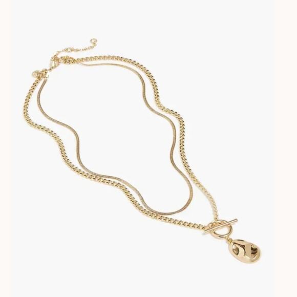 NEW J. Crew Hammered Gold T-Bar Pendant Necklace Double Strand - Picture 2 of 8